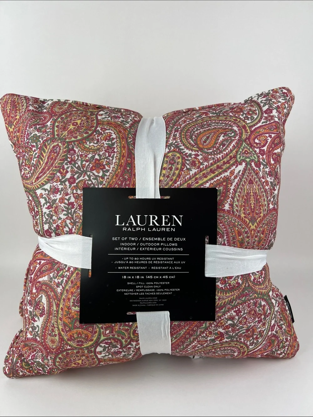 Lauren Ralph Lauren Indoor Outdoor Pillows Paisley Red Pink Green Set of 2 NEW